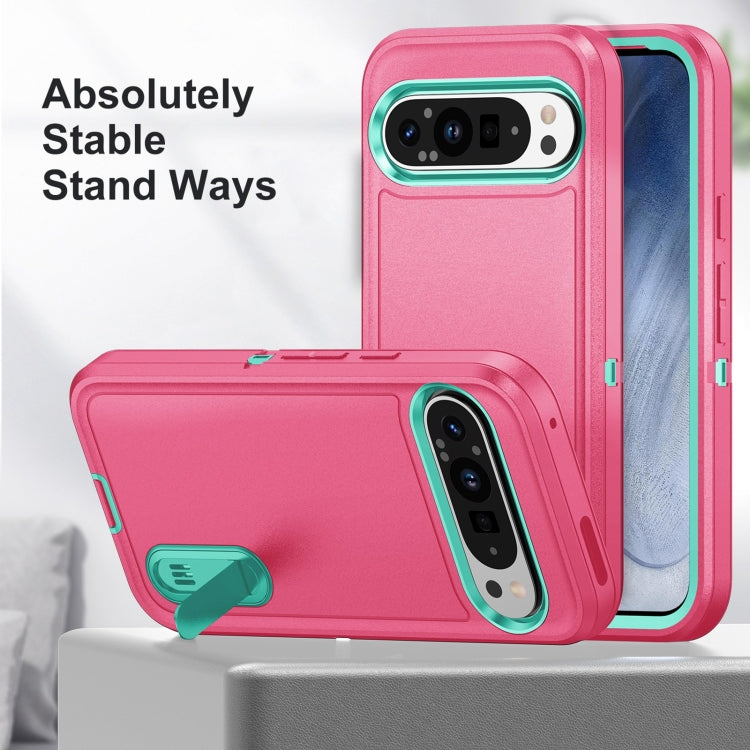 For Google Pixel 9 Rugged PC + Silicone Phone Case with Holder(Rose Red+Light Green) - Google Cases by PMC TechLife | Online Shopping South Africa | PMC TechLife | Buy Now Pay Later Mobicred