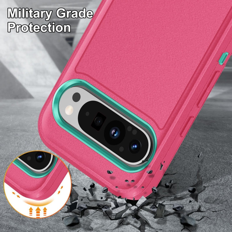 For Google Pixel 9 Rugged PC + Silicone Phone Case with Holder(Rose Red+Light Green) - Google Cases by PMC TechLife | Online Shopping South Africa | PMC TechLife | Buy Now Pay Later Mobicred