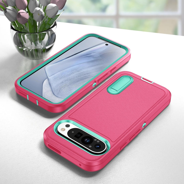 For Google Pixel 9 Rugged PC + Silicone Phone Case with Holder(Rose Red+Light Green) - Google Cases by PMC TechLife | Online Shopping South Africa | PMC TechLife | Buy Now Pay Later Mobicred