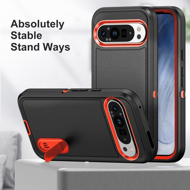 For Google Pixel 9 Rugged PC + Silicone Phone Case with Holder(Black+Orange) - free shipping - PMC TechLife - Order now!