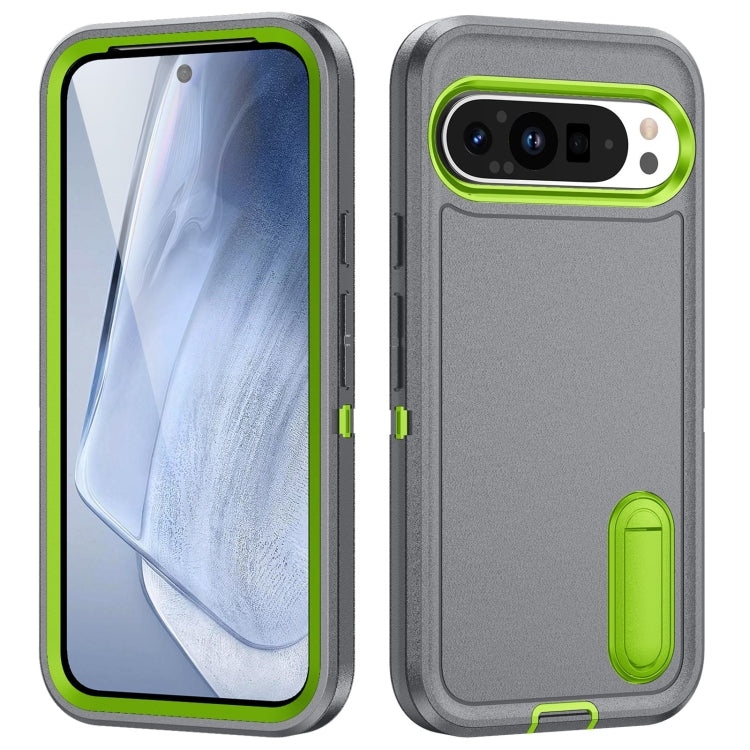 For Google Pixel 9 Rugged PC + Silicone Phone Case with Holder(Grey+Fresh Green) - free shipping - PMC TechLife - Order now!