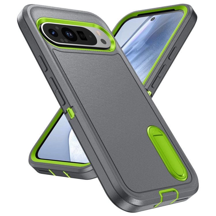 For Google Pixel 9 Rugged PC + Silicone Phone Case with Holder(Grey+Fresh Green) - free shipping - PMC TechLife - Order now!