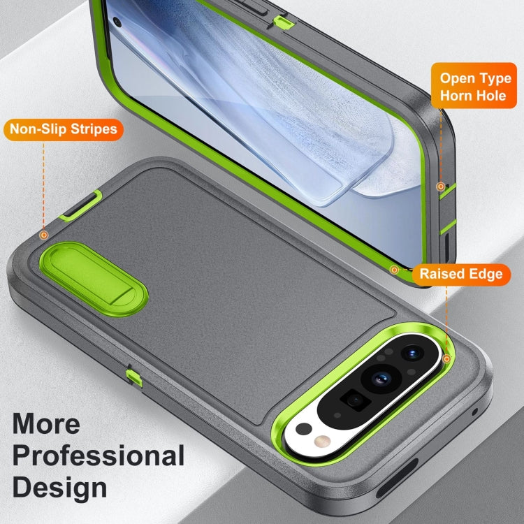 For Google Pixel 9 Rugged PC + Silicone Phone Case with Holder(Grey+Fresh Green) - free shipping - PMC TechLife - Order now!
