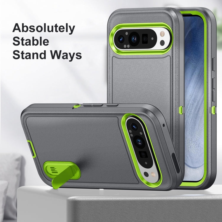 For Google Pixel 9 Rugged PC + Silicone Phone Case with Holder(Grey+Fresh Green) - free shipping - PMC TechLife - Order now!