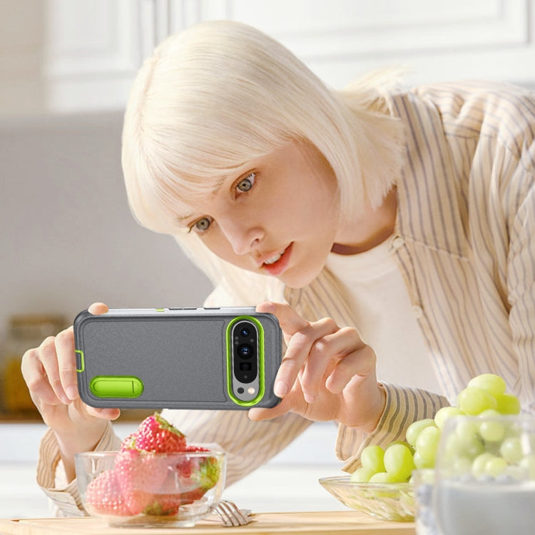 For Google Pixel 9 Rugged PC + Silicone Phone Case with Holder(Grey+Fresh Green) - free shipping - PMC TechLife - Order now!