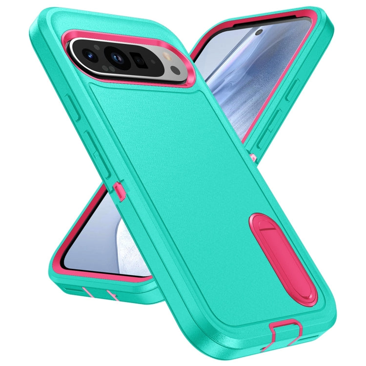 For Google Pixel 9 Rugged PC + Silicone Phone Case with Holder(Light Green+Rose Red) - Google Cases by PMC TechLife | Online Shopping South Africa | PMC TechLife | Buy Now Pay Later Mobicred