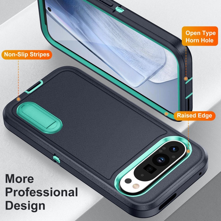 For Google Pixel 9 Rugged PC + Silicone Phone Case with Holder(Dark Blue+Light Green) - Google Cases by PMC TechLife | Online Shopping South Africa | PMC TechLife | Buy Now Pay Later Mobicred