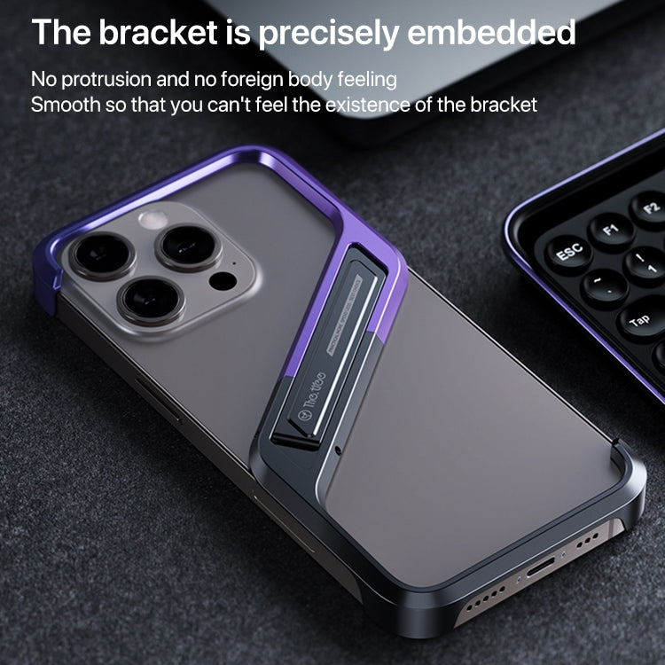 For iPhone 15 S-shaped Stand Frameless Metal Phone Case(Black Purple) - free shipping - PMC Jewellery - Order now!