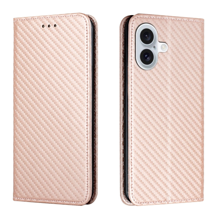 For iPhone 16 Plus Carbon Fiber Texture Magnetic Flip Leather Phone Case(Rose Gold) - iPhone 16 Plus Cases by PMC TechLife | Online Shopping South Africa | PMC TechLife | Buy Now Pay Later Mobicred