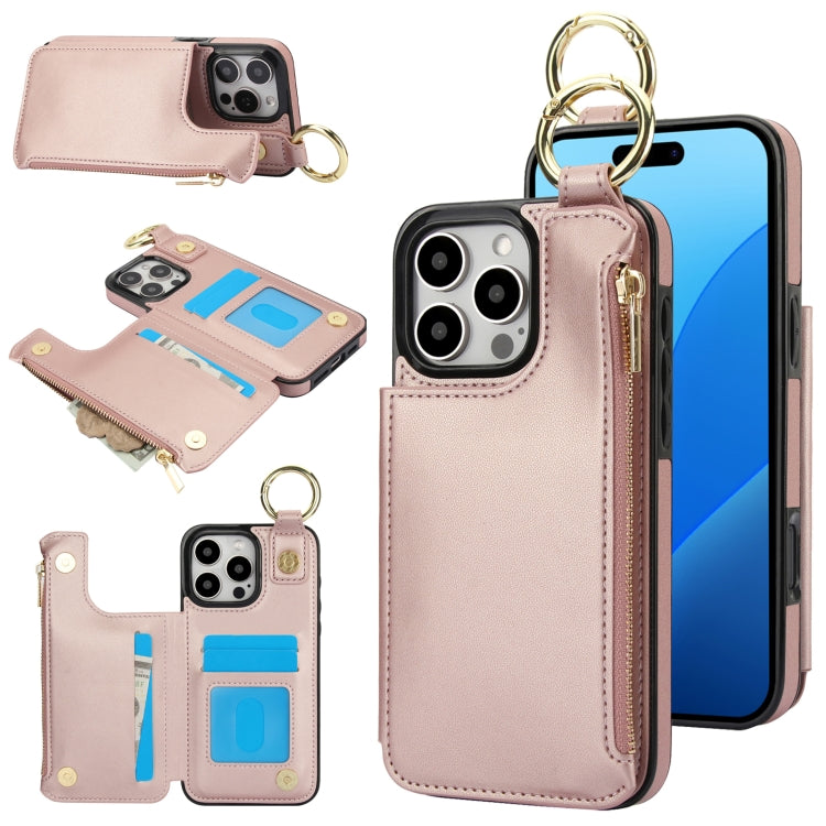 For iPhone 16 Pro RFlD Anti-theft Double Buckle Ring Zipper Card Phone Case(Rose Gold) - free shipping - PMC Jewellery - Order now!