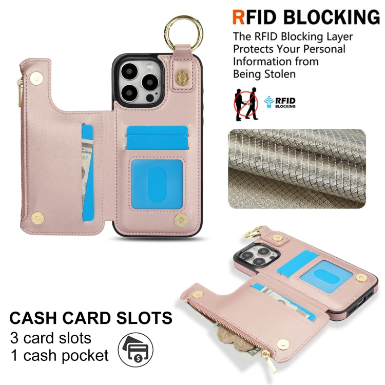 For iPhone 16 Pro RFlD Anti-theft Double Buckle Ring Zipper Card Phone Case(Rose Gold) - free shipping - PMC Jewellery - Order now!