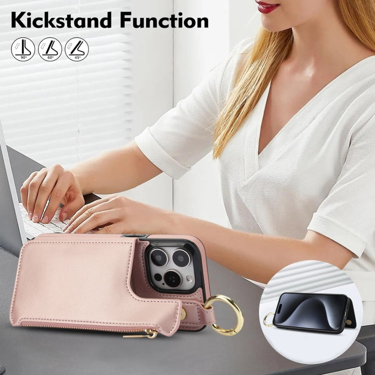 For iPhone 16 Pro RFlD Anti-theft Double Buckle Ring Zipper Card Phone Case(Rose Gold) - free shipping - PMC Jewellery - Order now!