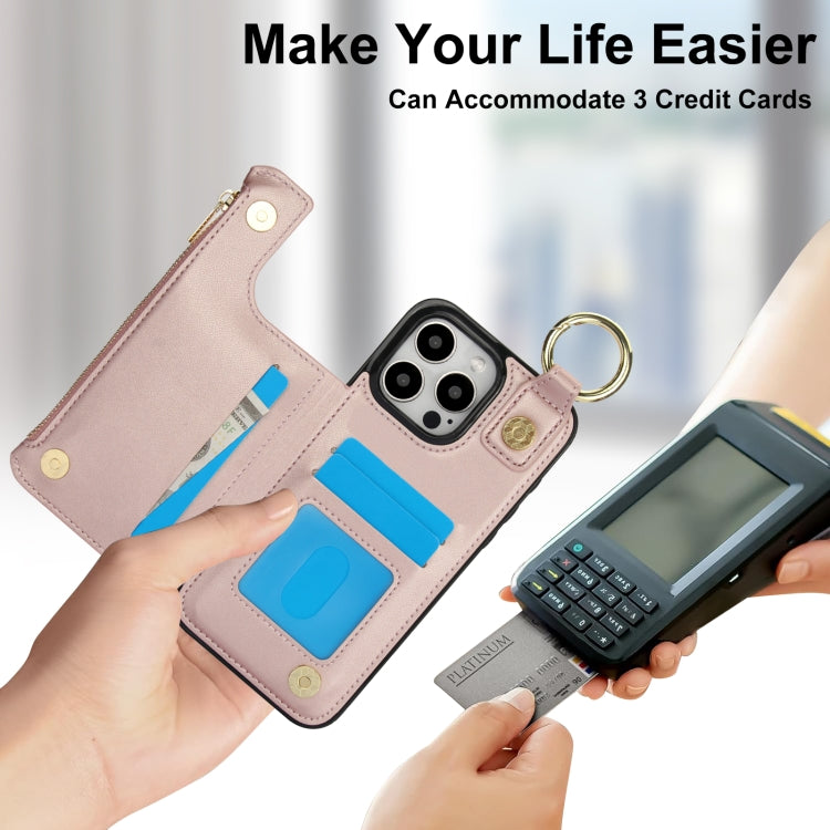 For iPhone 16 Pro RFlD Anti-theft Double Buckle Ring Zipper Card Phone Case(Rose Gold) - free shipping - PMC Jewellery - Order now!