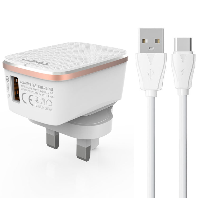 LDNIO A1204Q QC3.0 18W USB Fast Charger with 1m USB to USB-C / Type-C Cable, Plug Type:UK Plug(White Gold) - USB Charger by LDNIO | Online Shopping South Africa | PMC TechLife | Buy Now Pay Later Mobicred