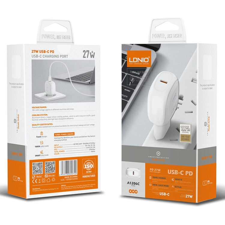 LDNIO A1206C PD27W USB-C / Type-C Fast Charger with 1m 8 Pin Cable, Plug Type:EU Plug(White) - free shipping - PMC Jewellery - Order now!