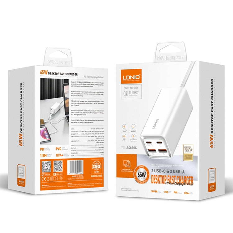 LDNIO A4610C PD65W Dual USB-C / Type-C + Dual USB Fast Charger, Cable Length: 1.5m, Plug Type:US Plug(White) - free shipping - PMC TechLife - Order now!