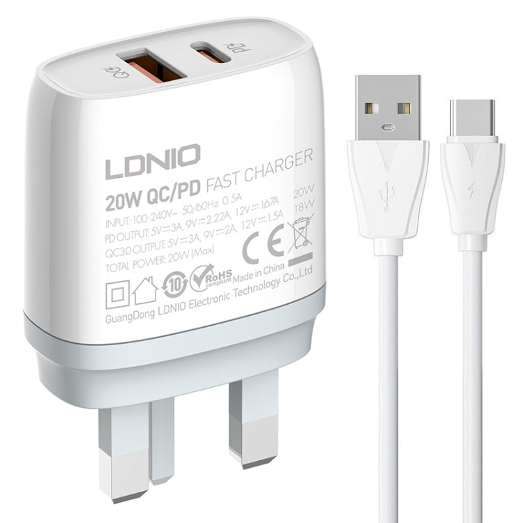 LDNIO Q229 QC3.0 / PD20W USB + Type-C Fast Charger with 1m USB to Type-C Cable, Plug Type:UK Plug(White) - USB Charger by LDNIO | Online Shopping South Africa | PMC TechLife | Buy Now Pay Later Mobicred