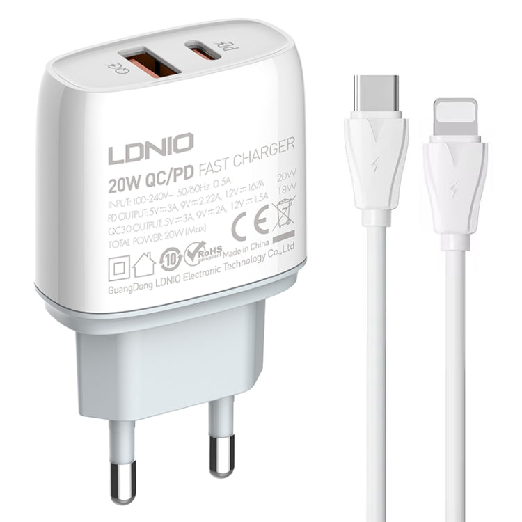 LDNIO Q229 QC3.0 / PD20W USB + Type-C Fast Charger with 1m Type-C to 8 Pin Cable, Plug Type:EU Plug(White) - free shipping - PMC Jewellery - Order now!