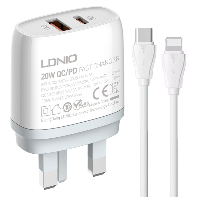 LDNIO Q229 QC3.0 / PD20W USB + Type-C Fast Charger with 1m Type-C to 8 Pin Cable, Plug Type:UK Plug(White) - free shipping - PMC Jewellery - Order now!