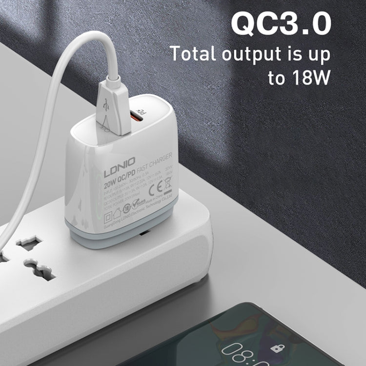 LDNIO Q229 QC3.0 / PD20W USB + Type-C Fast Charger with 1m Type-C to 8 Pin Cable, Plug Type:EU Plug(White) - free shipping - PMC Jewellery - Order now!