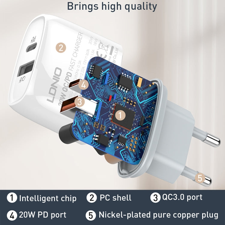 LDNIO Q229 QC3.0 / PD20W USB + Type-C Fast Charger with 1m Type-C to 8 Pin Cable, Plug Type:EU Plug(White) - free shipping - PMC Jewellery - Order now!