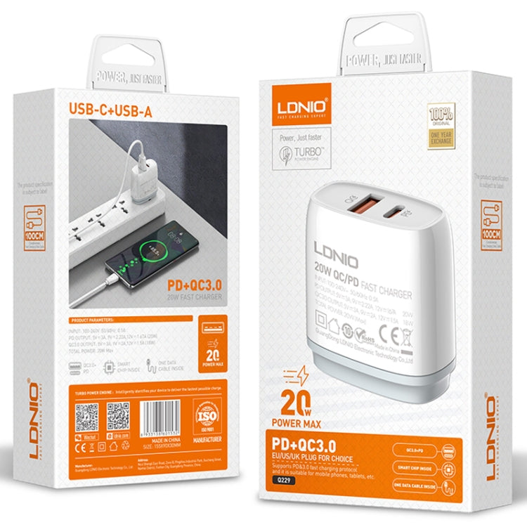 LDNIO Q229 QC3.0 / PD20W USB + Type-C Fast Charger with 1m Type-C to Type-C Cable, Plug Type:US Plug(White) - free shipping - PMC TechLife - Order now!