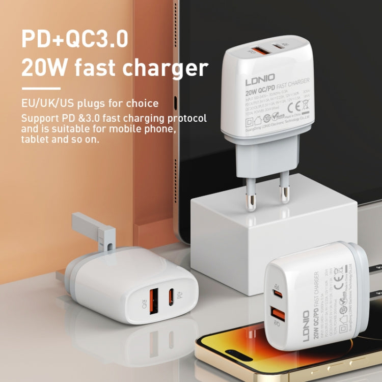 LDNIO Q229 QC3.0 / PD20W USB + Type-C Fast Charger with 1m Type-C to Type-C Cable, Plug Type:UK Plug(White) - free shipping - PMC TechLife - Order now!