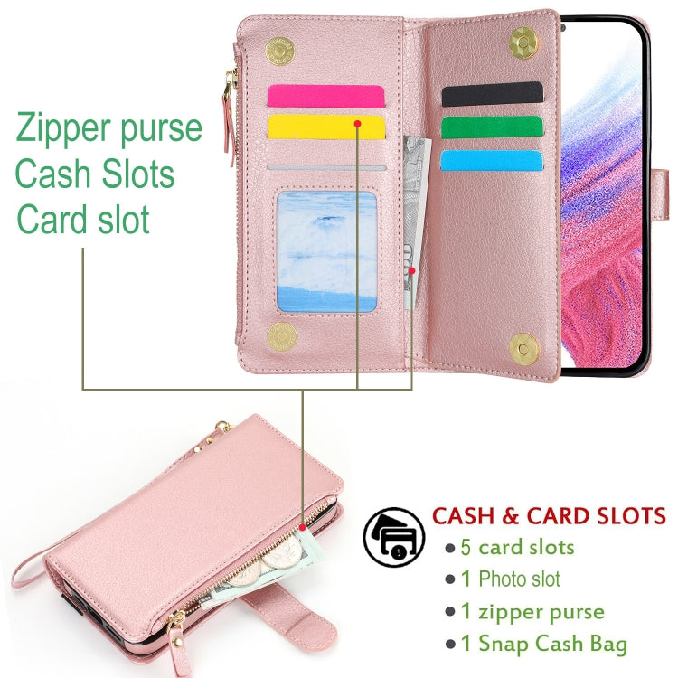 For Samsung Galaxy S24 5G Wristband Holder Zipper Purse RFID Leather Phone Case(Rose Gold) - free shipping - PMC Jewellery - Order now!