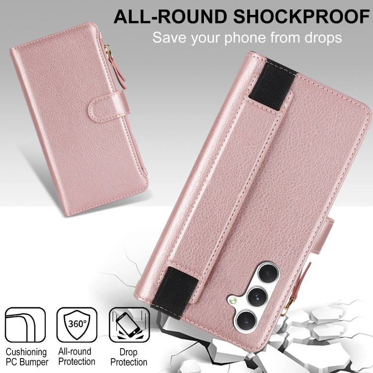 For Samsung Galaxy S24 5G Wristband Holder Zipper Purse RFID Leather Phone Case(Rose Gold) - free shipping - PMC Jewellery - Order now!