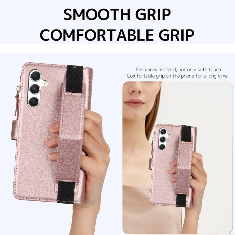 For Samsung Galaxy S24 5G Wristband Holder Zipper Purse RFID Leather Phone Case(Rose Gold) - free shipping - PMC Jewellery - Order now!
