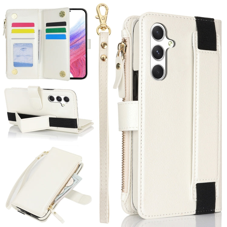 For Samsung Galaxy S24 5G Wristband Holder Zipper Purse RFID Leather Phone Case(White) - free shipping - PMC Jewellery - Order now!