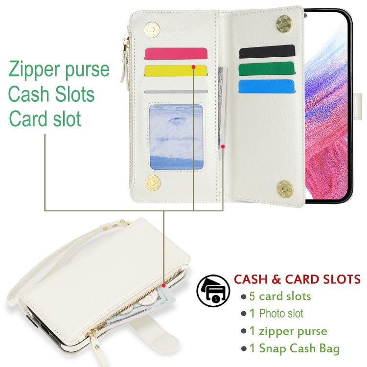 For Samsung Galaxy S24 5G Wristband Holder Zipper Purse RFID Leather Phone Case(White) - free shipping - PMC Jewellery - Order now!