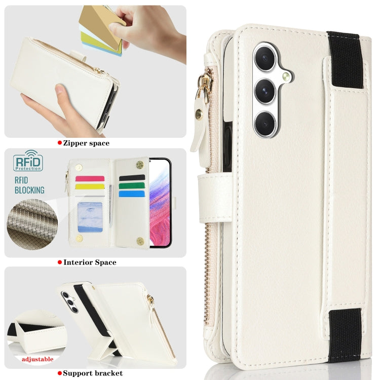 For Samsung Galaxy S24 5G Wristband Holder Zipper Purse RFID Leather Phone Case(White) - free shipping - PMC Jewellery - Order now!