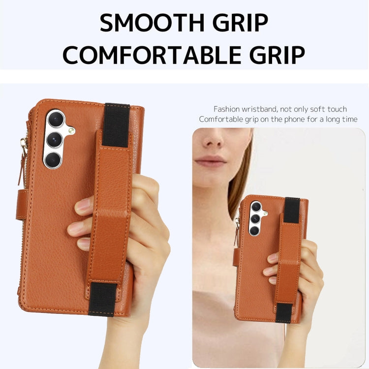 For Samsung Galaxy S24+ 5G Wristband Holder Zipper Purse RFID Leather Phone Case(Brown) - Galaxy S24+ 5G Cases by PMC Jewellery | Online Shopping South Africa | PMC Jewellery | Buy Now Pay Later Mobicred