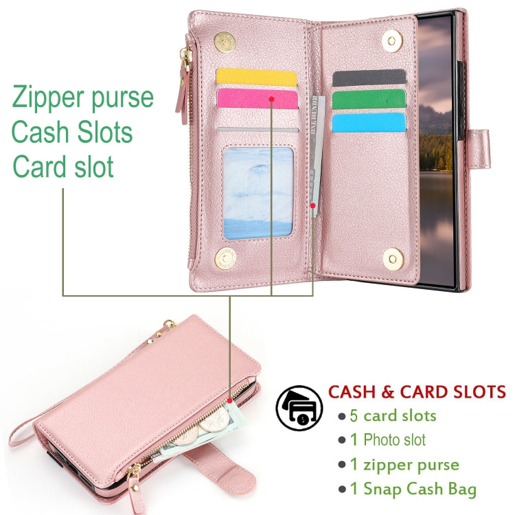 For Samsung Galaxy S24 Ultra 5G Wristband Holder Zipper Purse RFID Leather Phone Case(Rose Gold) - Galaxy S24 Ultra 5G Cases by PMC Jewellery | Online Shopping South Africa | PMC Jewellery | Buy Now Pay Later Mobicred