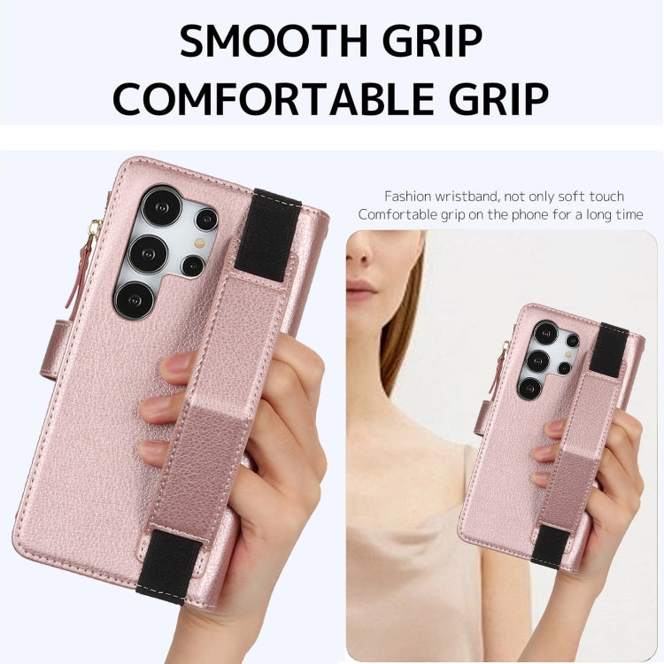 For Samsung Galaxy S24 Ultra 5G Wristband Holder Zipper Purse RFID Leather Phone Case(Rose Gold) - Galaxy S24 Ultra 5G Cases by PMC Jewellery | Online Shopping South Africa | PMC Jewellery | Buy Now Pay Later Mobicred