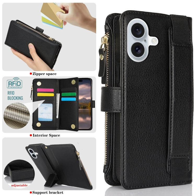 For iPhone 16 Wristband Holder Zipper Purse RFID Leather Phone Case(Black) - iPhone 16 Cases by PMC TechLife | Online Shopping South Africa | PMC TechLife | Buy Now Pay Later Mobicred