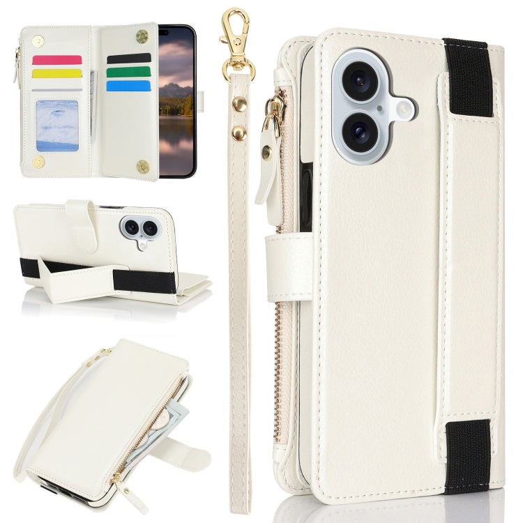 For iPhone 16 Plus Wristband Holder Zipper Purse RFID Leather Phone Case(White) - iPhone 16 Plus Cases by PMC TechLife | Online Shopping South Africa | PMC TechLife | Buy Now Pay Later Mobicred