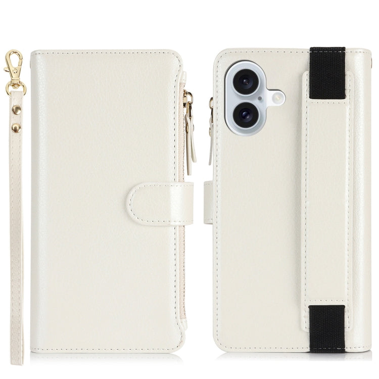 For iPhone 16 Plus Wristband Holder Zipper Purse RFID Leather Phone Case(White) - iPhone 16 Plus Cases by PMC TechLife | Online Shopping South Africa | PMC TechLife | Buy Now Pay Later Mobicred