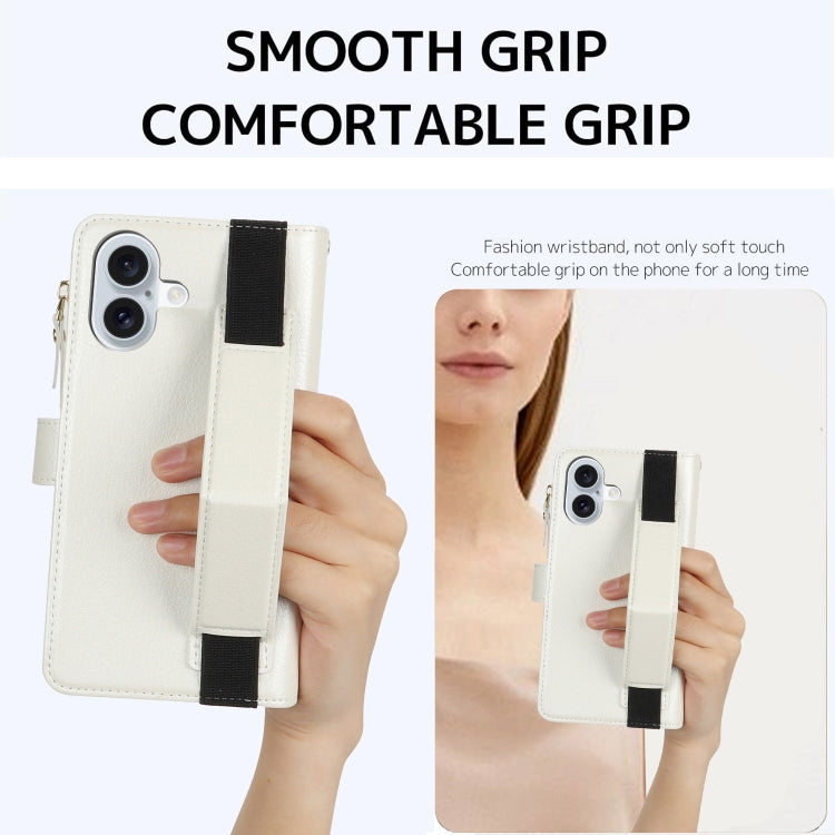For iPhone 16 Plus Wristband Holder Zipper Purse RFID Leather Phone Case(White) - iPhone 16 Plus Cases by PMC TechLife | Online Shopping South Africa | PMC TechLife | Buy Now Pay Later Mobicred