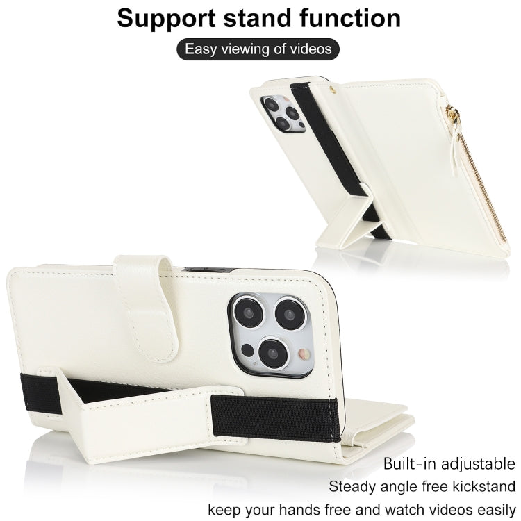 For iPhone 16 Pro Wristband Holder Zipper Purse RFID Leather Phone Case(White) - iPhone 16 Pro Cases by PMC TechLife | Online Shopping South Africa | PMC TechLife | Buy Now Pay Later Mobicred