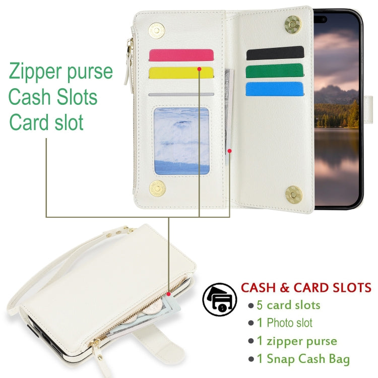 For iPhone 16 Pro Wristband Holder Zipper Purse RFID Leather Phone Case(White) - iPhone 16 Pro Cases by PMC TechLife | Online Shopping South Africa | PMC TechLife | Buy Now Pay Later Mobicred