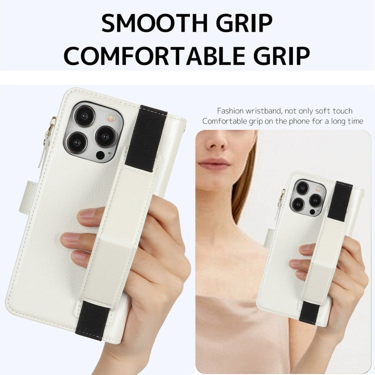 For iPhone 16 Pro Wristband Holder Zipper Purse RFID Leather Phone Case(White) - iPhone 16 Pro Cases by PMC TechLife | Online Shopping South Africa | PMC TechLife | Buy Now Pay Later Mobicred