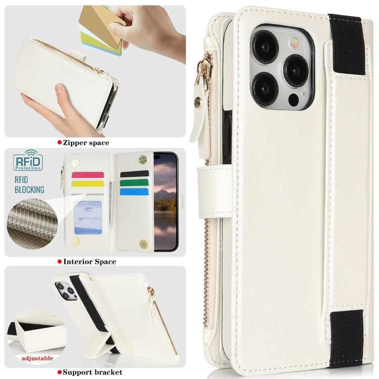 For iPhone 16 Pro Wristband Holder Zipper Purse RFID Leather Phone Case(White) - iPhone 16 Pro Cases by PMC TechLife | Online Shopping South Africa | PMC TechLife | Buy Now Pay Later Mobicred