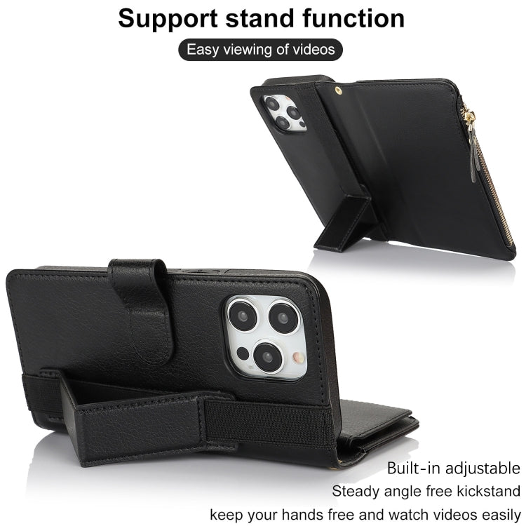 For iPhone 16 Pro Max Wristband Holder Zipper Purse RFID Leather Phone Case(Black) -  by PMC TechLife | Online Shopping South Africa | PMC TechLife | Buy Now Pay Later Mobicred