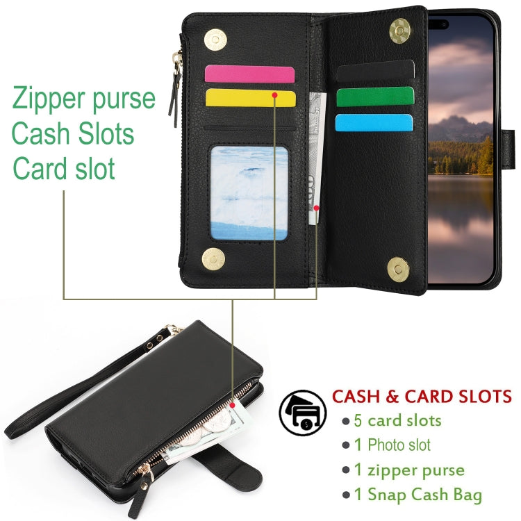 For iPhone 16 Pro Max Wristband Holder Zipper Purse RFID Leather Phone Case(Black) -  by PMC TechLife | Online Shopping South Africa | PMC TechLife | Buy Now Pay Later Mobicred