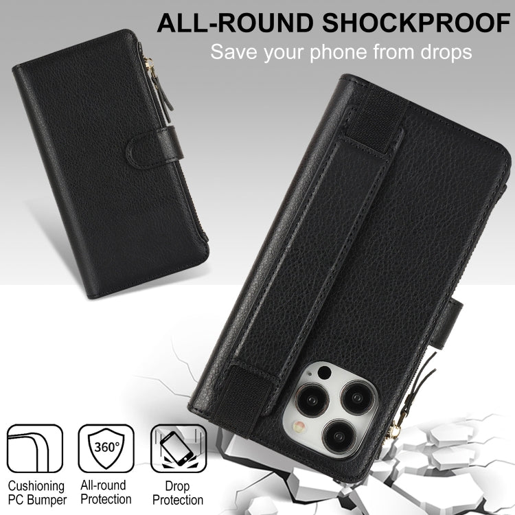 For iPhone 16 Pro Max Wristband Holder Zipper Purse RFID Leather Phone Case(Black) -  by PMC TechLife | Online Shopping South Africa | PMC TechLife | Buy Now Pay Later Mobicred