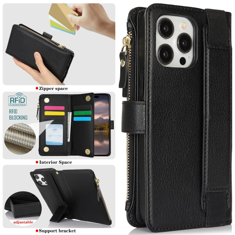 For iPhone 16 Pro Max Wristband Holder Zipper Purse RFID Leather Phone Case(Black) -  by PMC TechLife | Online Shopping South Africa | PMC TechLife | Buy Now Pay Later Mobicred