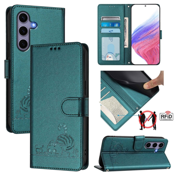 For Samsung Galaxy S25 5G Cat Rat Embossed RFID Leather Phone Case with Lanyard(Peacock Green) - Galaxy S25 5G Cases by PMC TechLife | Online Shopping South Africa | PMC TechLife | Buy Now Pay Later Mobicred