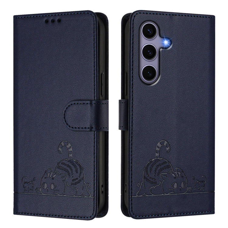 For Samsung Galaxy S25 5G Cat Rat Embossed RFID Leather Phone Case with Lanyard(Blue) - Galaxy S25 5G Cases by PMC TechLife | Online Shopping South Africa | PMC TechLife | Buy Now Pay Later Mobicred